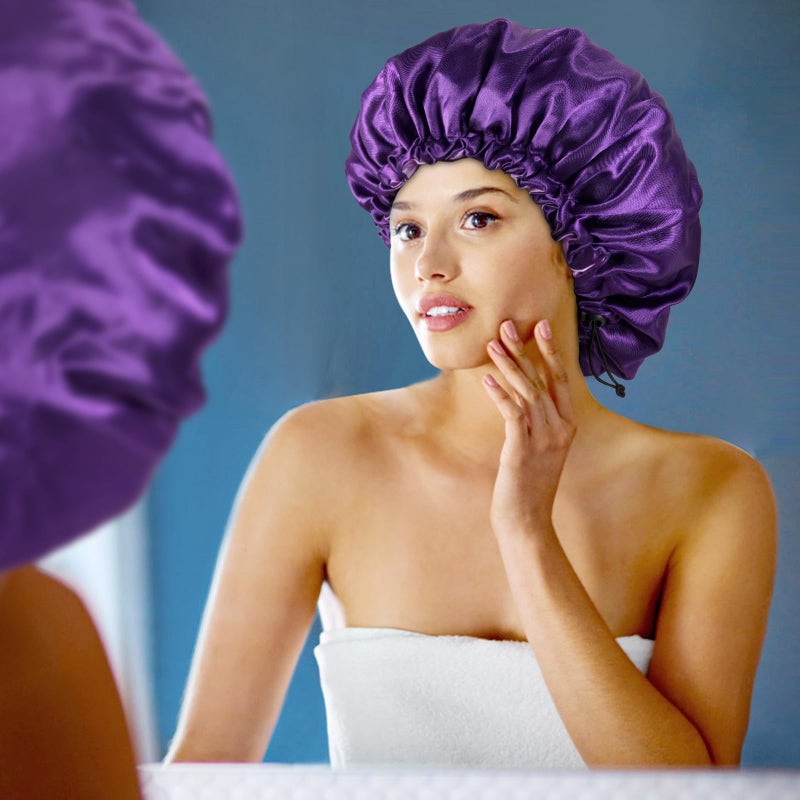 Edoneery Satin Bonnet Silk Bonnet for Curly Hair Bonnet Braid Bonnet for Sleeping Bonnets for Women Large Double-Layer Adjustable Purple - Image 5